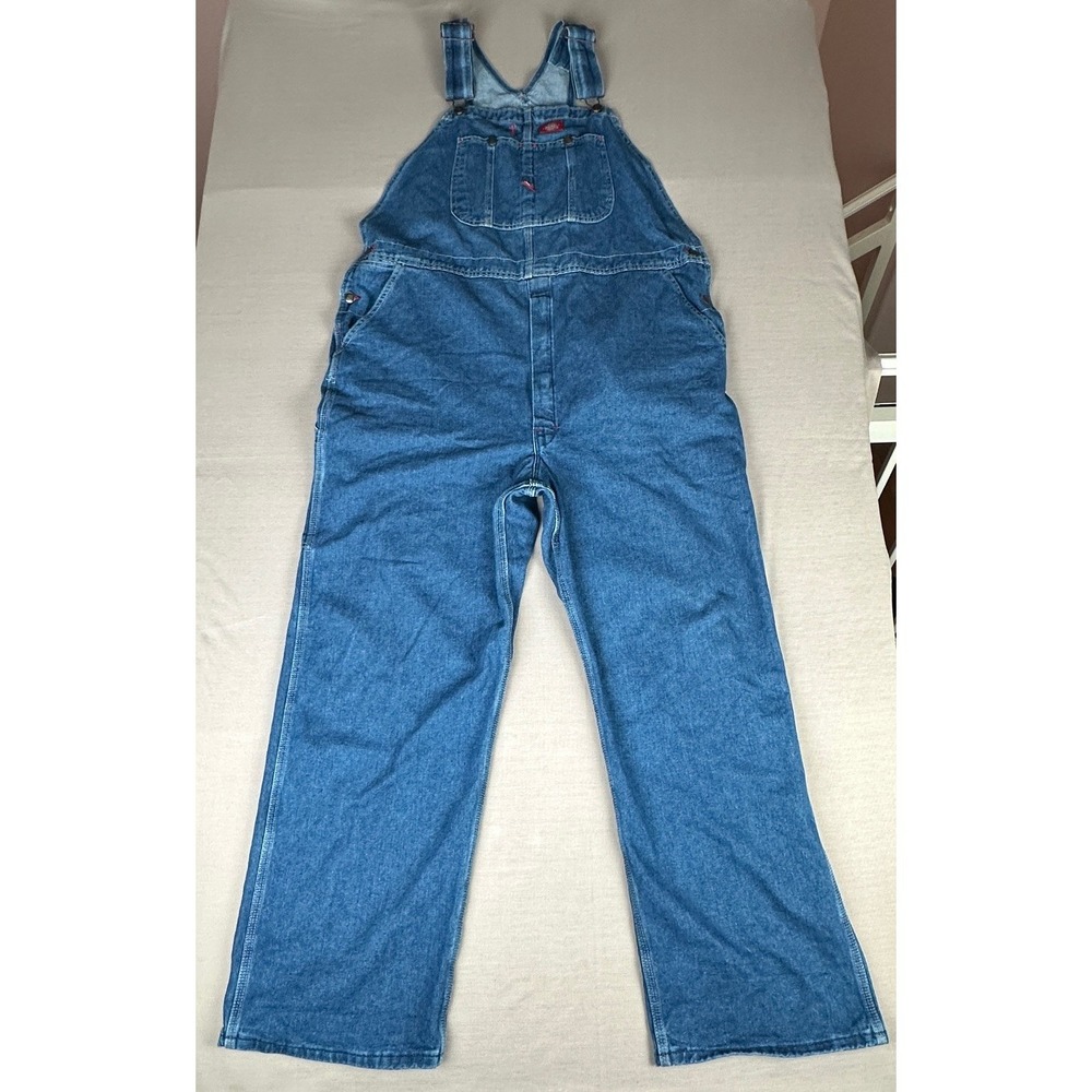 Dickies Bib Overalls Mens 42x32 Blue Denim Relaxed Workwear Utility Carpenter